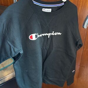 Champion Black Crew Sweatshirt with White Script and Red Accent